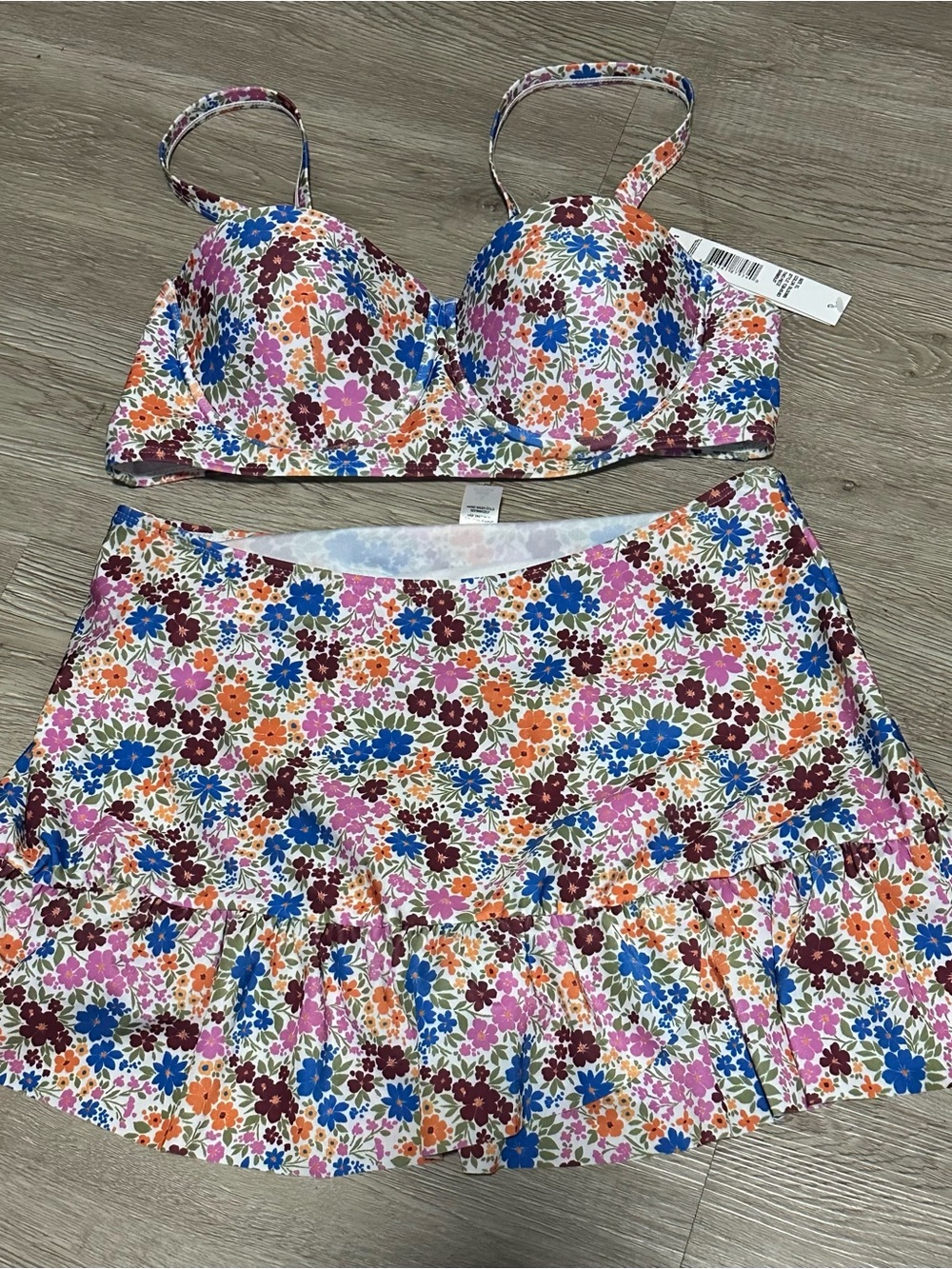 Tahari Floral Print Two-Piece Swim Set in Blue, Pink, Orange & Burgundy